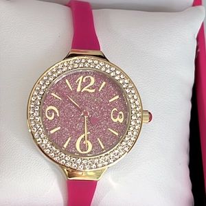 Betsy Johnson, pink band & rhinestones Wrist watch–  sparkly gold numbers